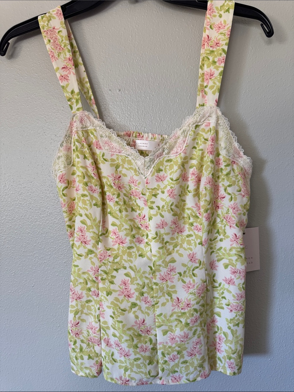 LC Lauren Conrad Cream Floral Smocked Tank with Pink & Green Print